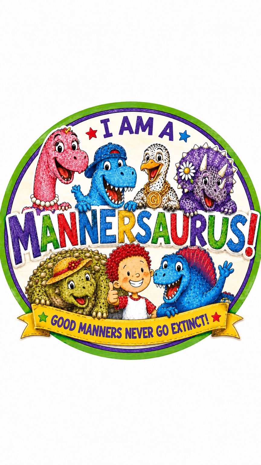 I Am A MANNERsaurus badge with Jimmie and the MANNERsaurus dinosaurs and the words Good manners never go extinct.
