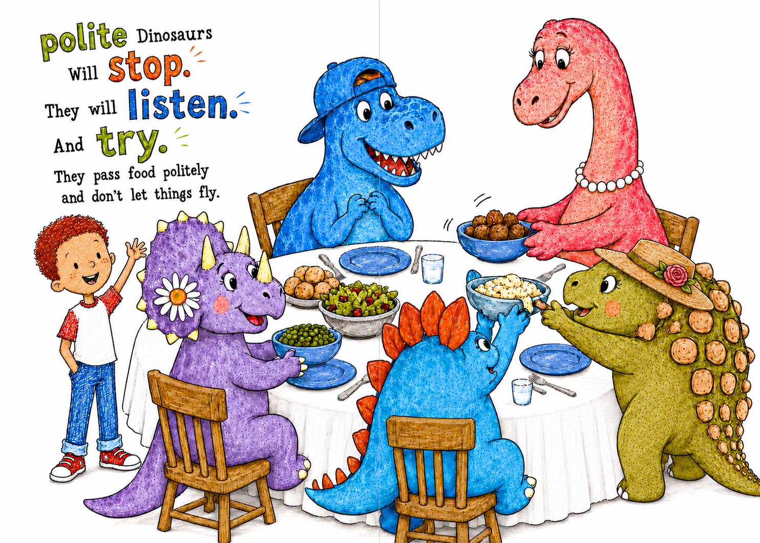 Jimmie and several dinosaurs sitting together at the dinner table and practicing good manners.