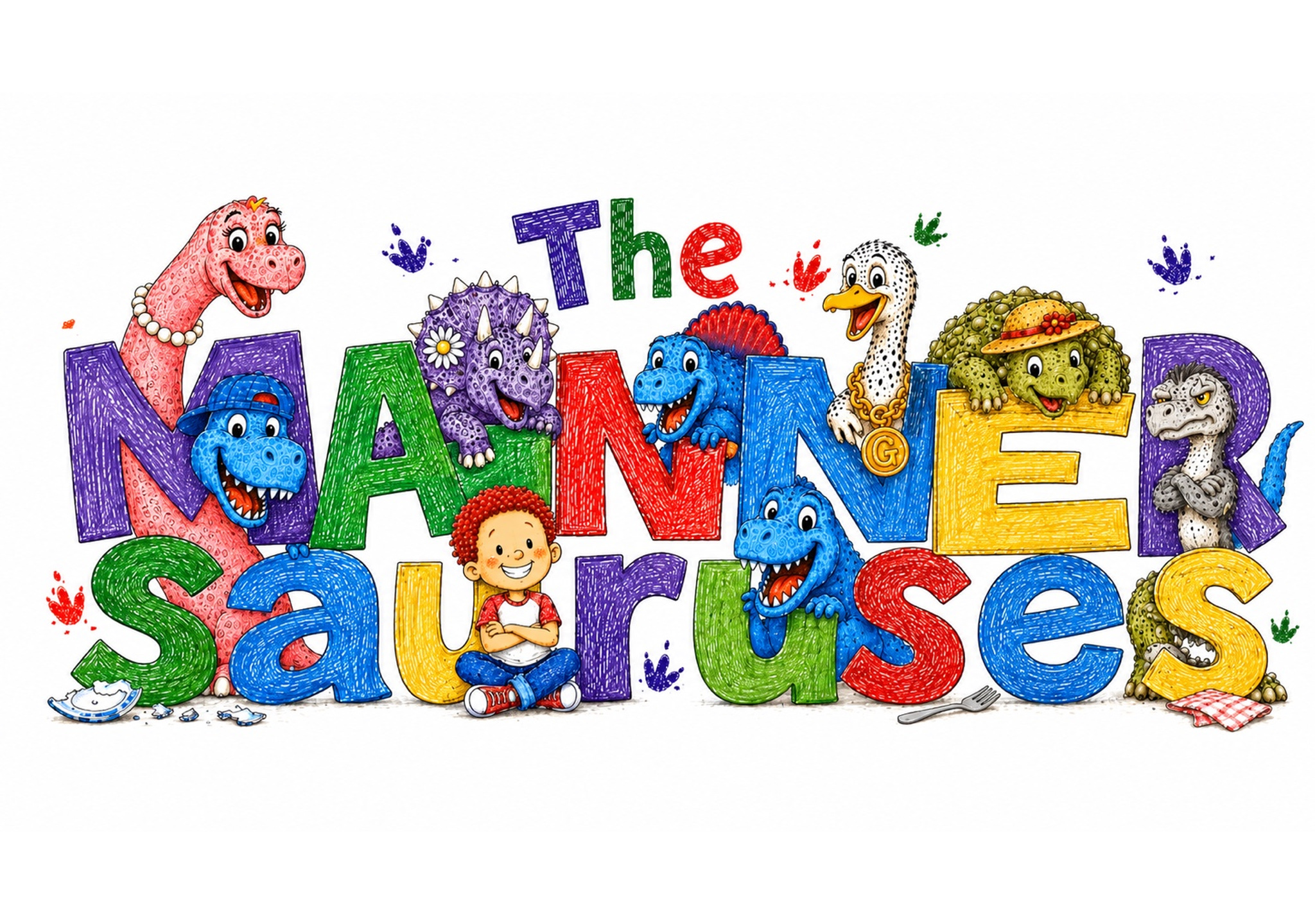The MANNERsauruses colorful word art with Jimmie and the dinosaur characters around the letters.